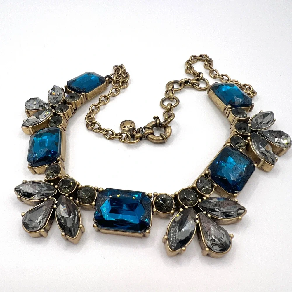 J.Crew Blue Smoky Grey Crystal Statement Bib Necklace Antiqued Brass Tone 18