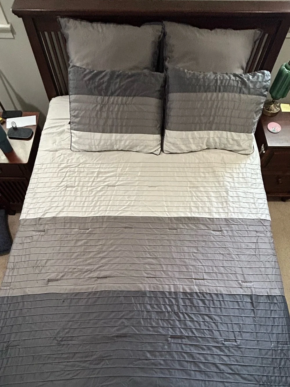 Queen Comforter Set – Gray & White Pleated Bedding Set