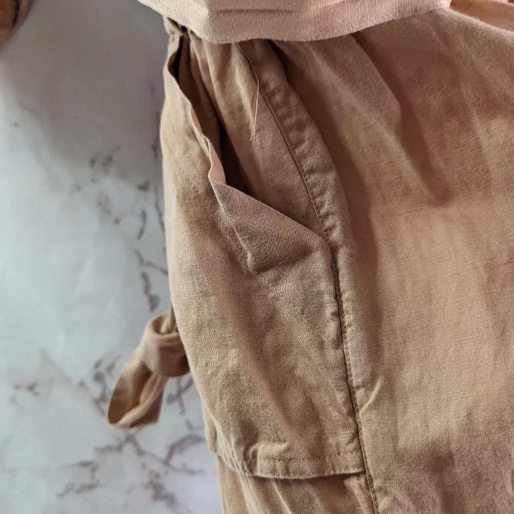 Free People Jumpsuit Womens XS Pink Linen Button Crop Belted Slouchy Pocket