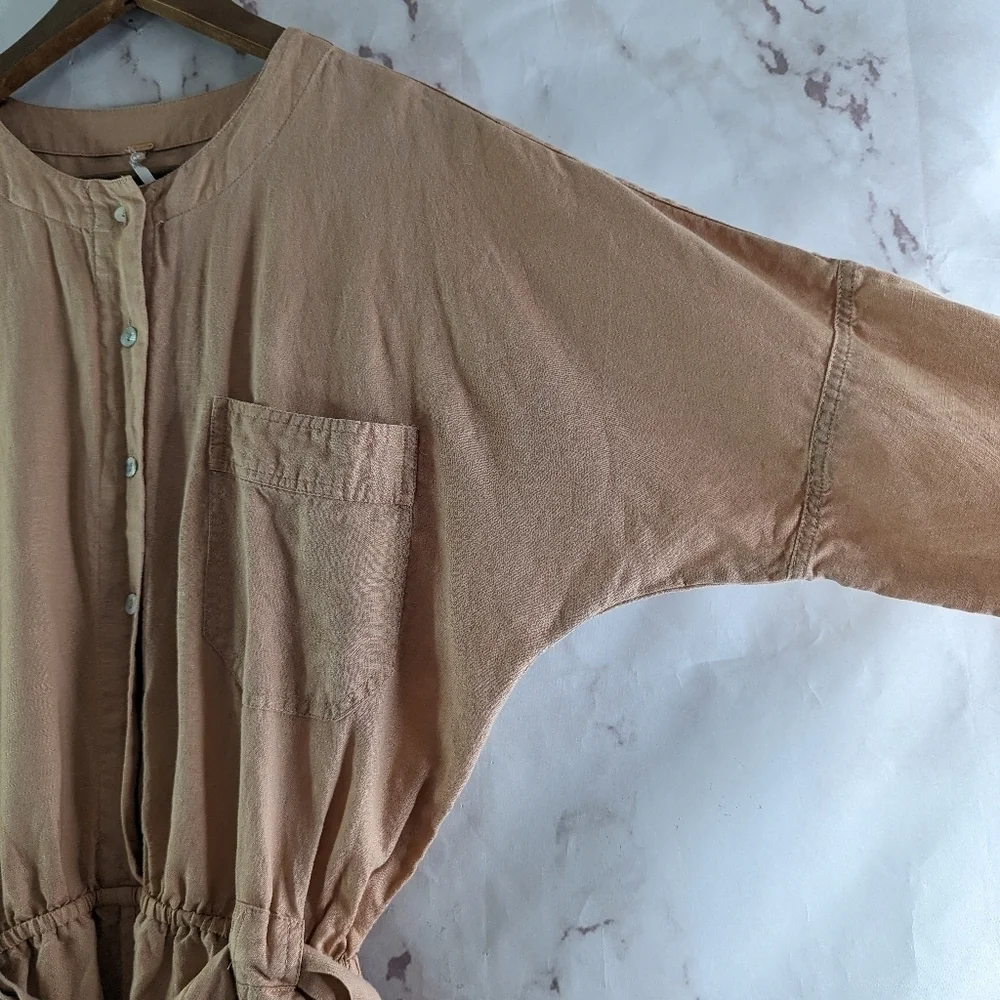 Free People Jumpsuit Womens XS Pink Linen Button Crop Belted Slouchy Pocket