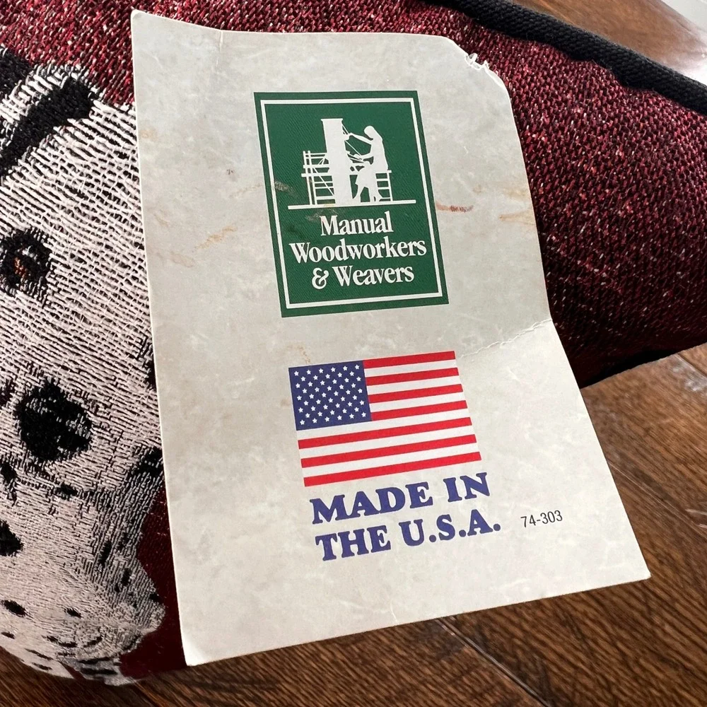Manual Woodworkers Dalmatian Dog Jacquard Woven Throw Pillow Burgundy Red USA