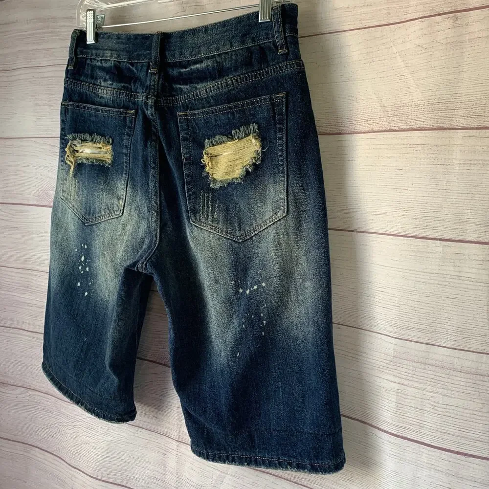 Qimu Fashion Mens Distressed Denim Jean Shorts Paint Splatter Size 30