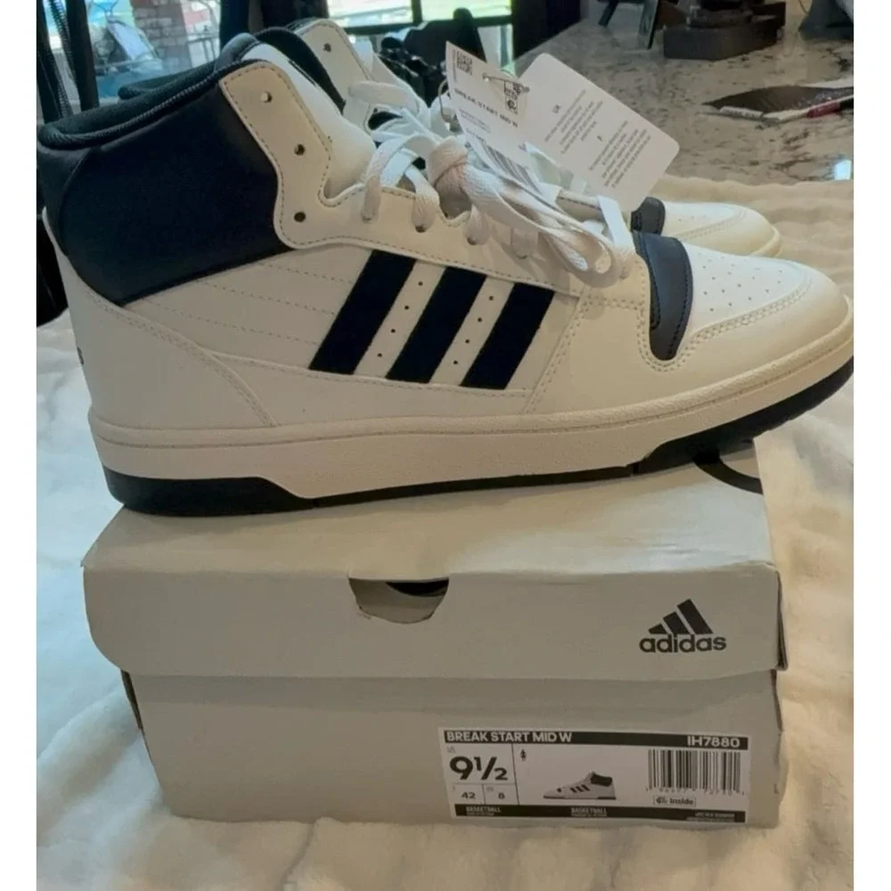 Womens 9.5 ADIDAS Break start Mid basketball shoes.  white/black/cloud white