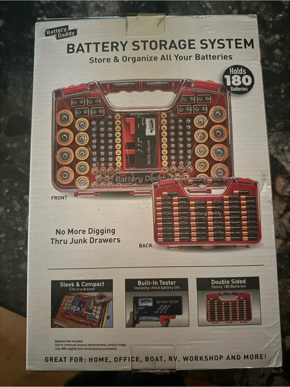 Battery Storage System - Red/Orange Organizer with Built-In Tester