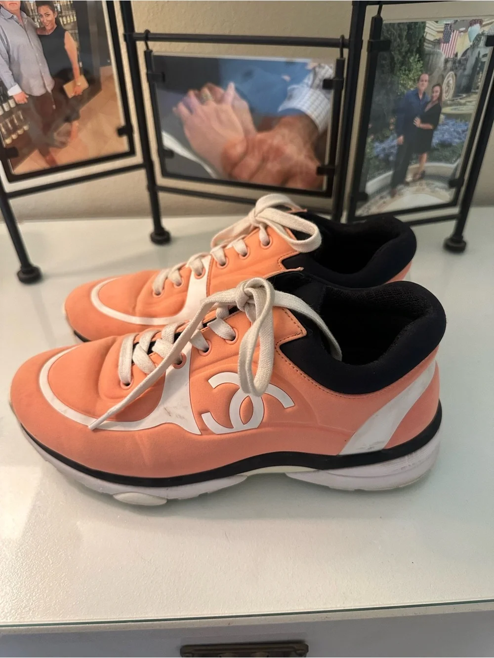 CHANEL Coral/Peach and White CC Logo Lace-Up Sneakers