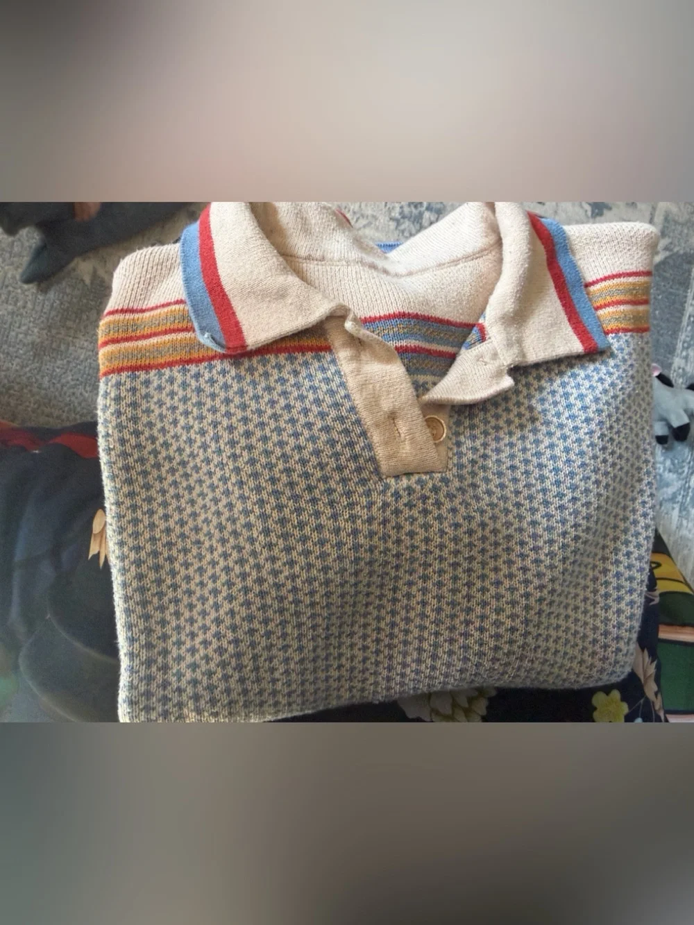 Kids Light Blue Patterned Knit Polo Sweater with Cream Collar