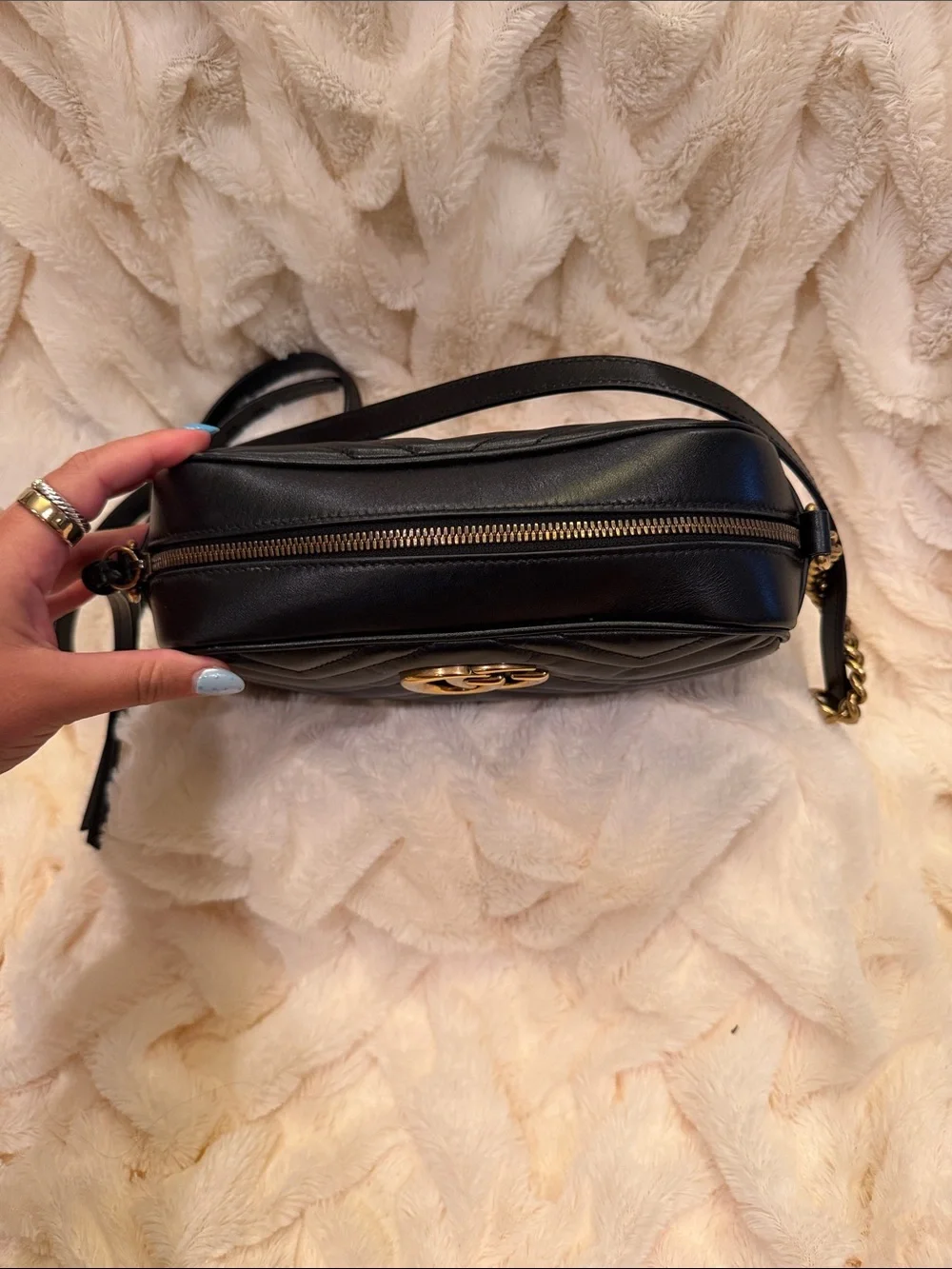 Gucci Black Leather GG Marmont Chevron Camera Bag with Gold Hardware