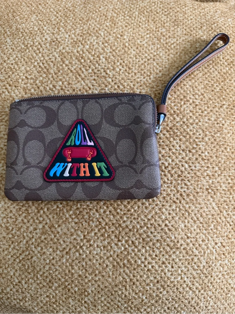 Coach Brown Signature Canvas Wristlet with Multicolor Patch