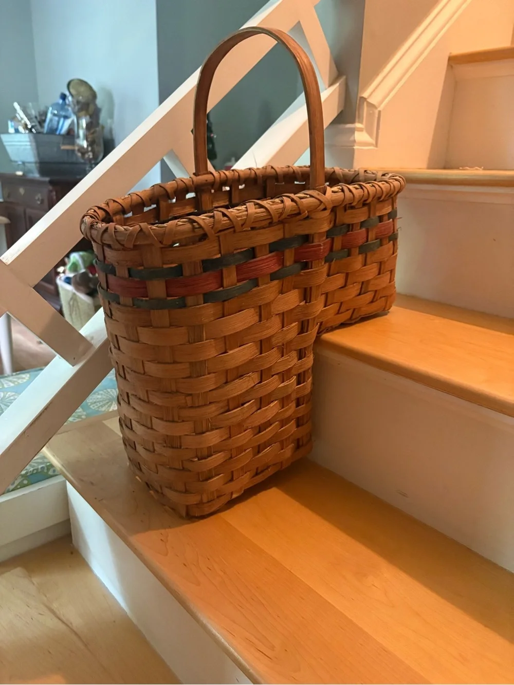 Handwoven Tan Basket 🧺 with Red & Green Trim