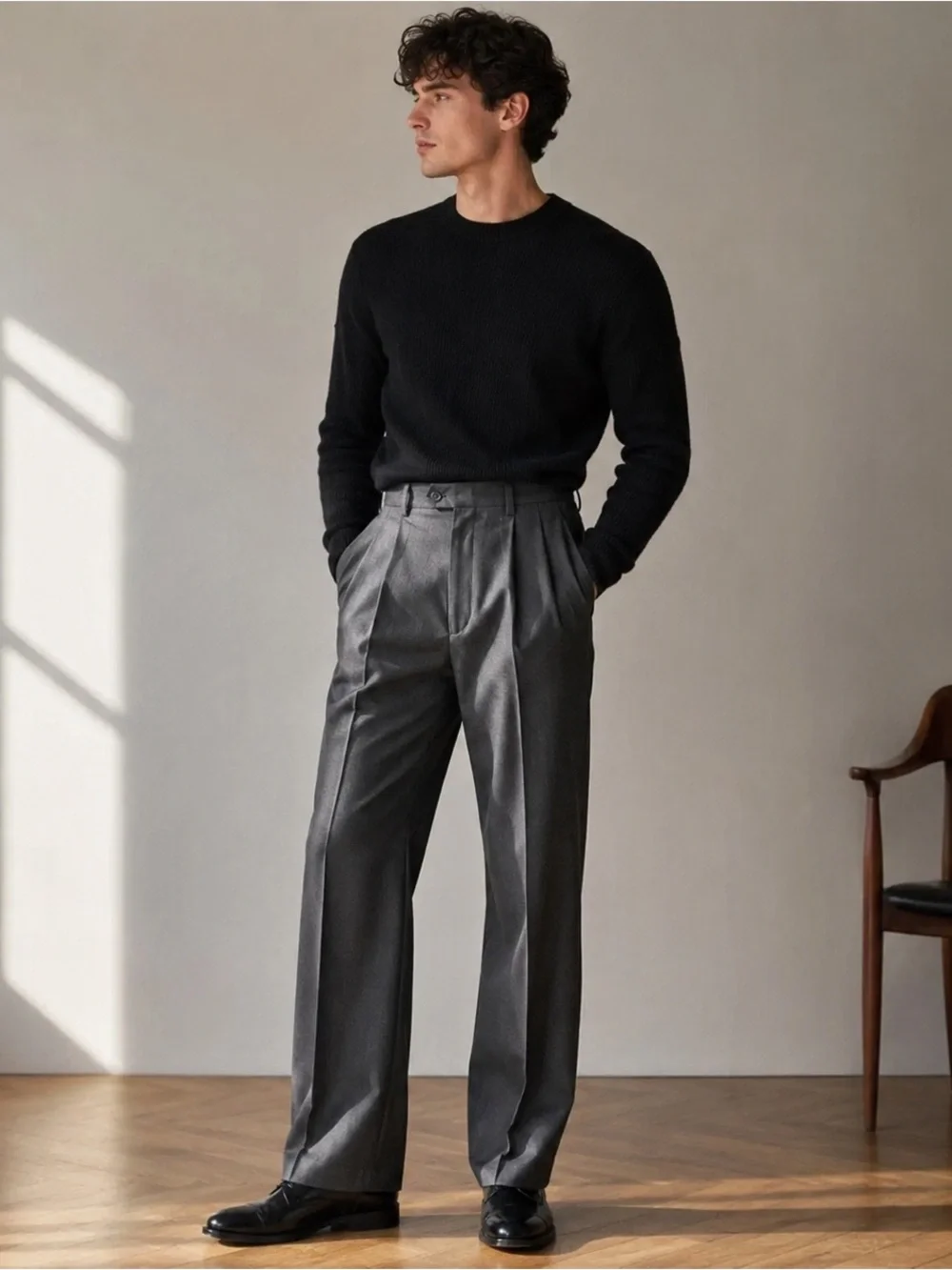 Vintage Austin Reed 100% Wool Pleated Trousers Gray Wide Leg Dress Pants 37