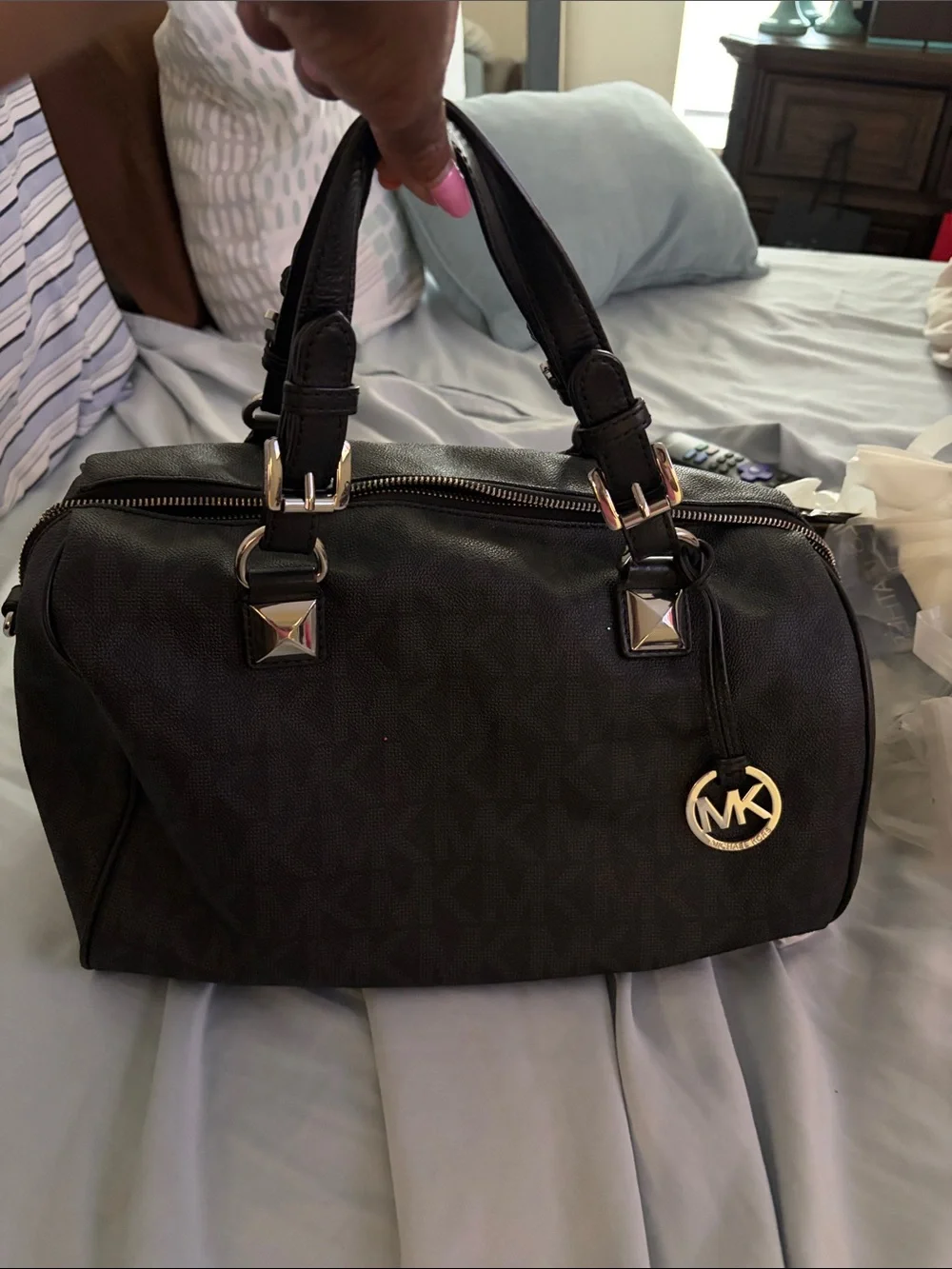 Michael Kors Black MK Logo Satchel with Gold Charm
