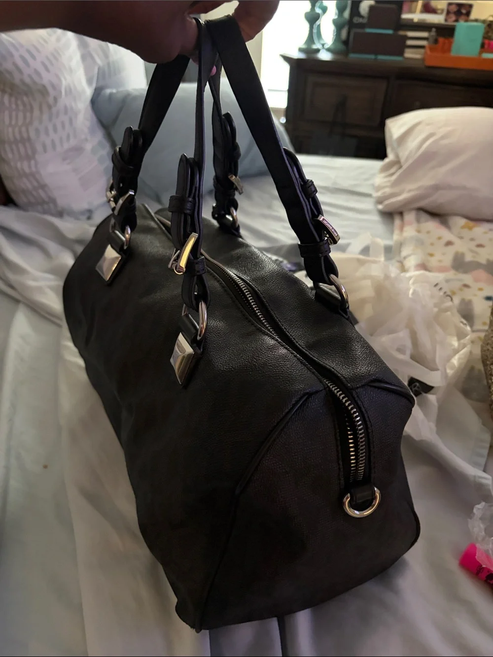 Michael Kors Black MK Logo Satchel with Gold Charm