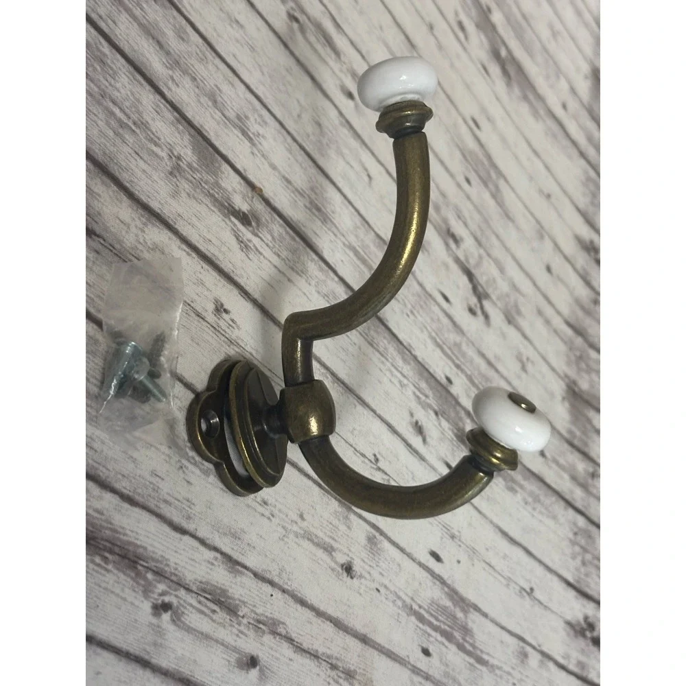 Vintage Coat Hook Antique Brass With Porcelian Ends for Hall Tree