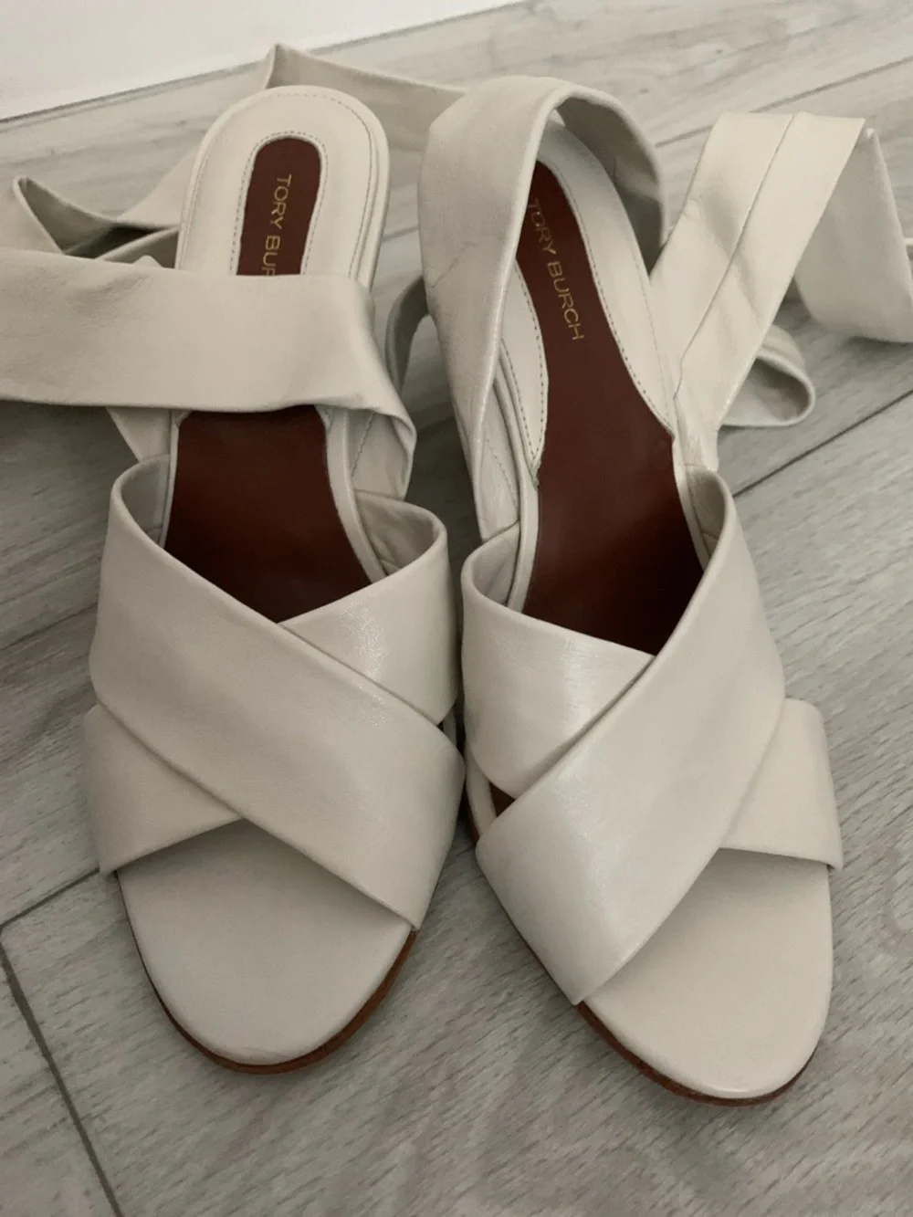 Tory Burch Ivory Leather Crisscross Tie up leg Sandals
