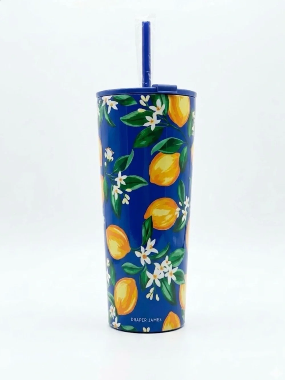 Draper James Blue Tumbler with Yellow Lemon Motif and Matching Straw