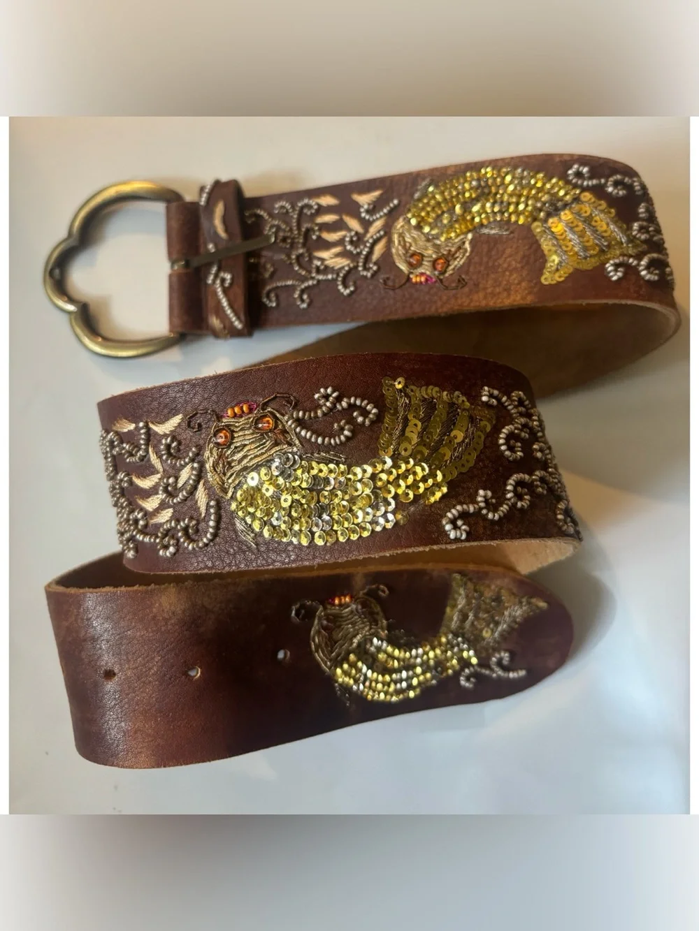 Vintage 80’Betsey Johnson  Leather Beaded Fish Belt ~Gold Sequins Size M