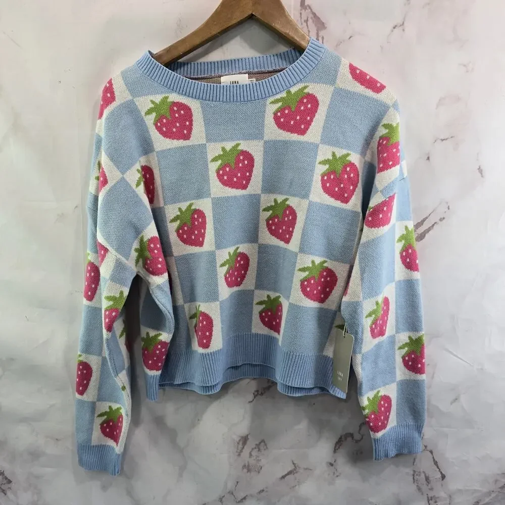 Luna Ivy Sweater Girls Medium Blue Pink Strawbery Checkered Crew T8665