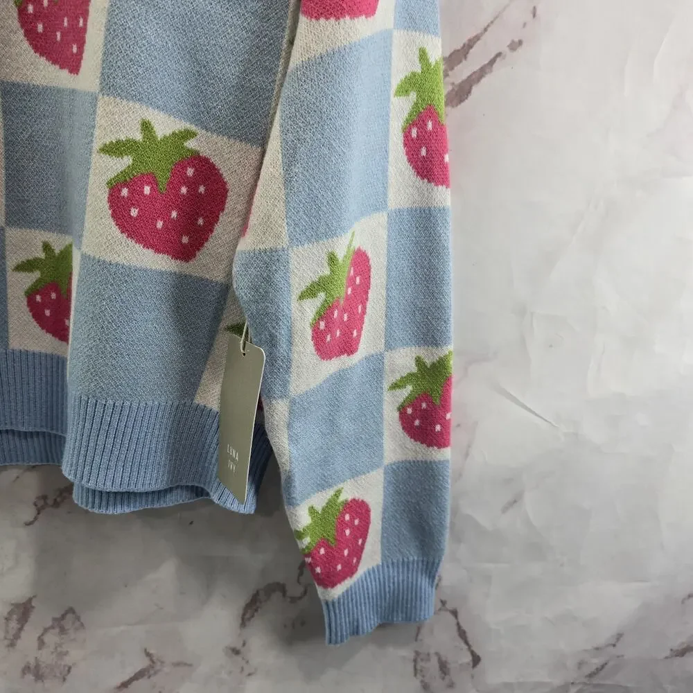 Luna Ivy Sweater Girls Medium Blue Pink Strawbery Checkered Crew T8665