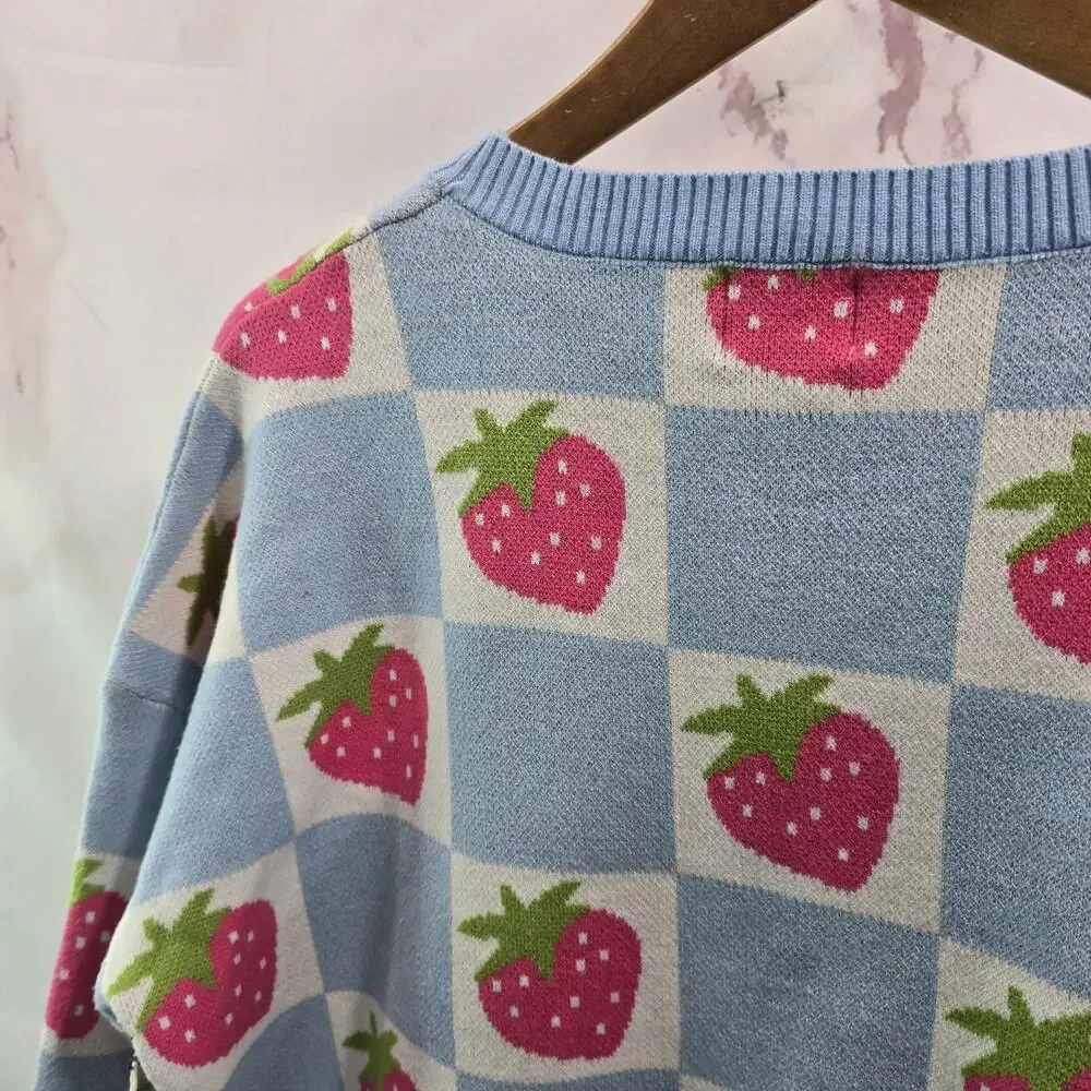 Luna Ivy Sweater Girls Medium Blue Pink Strawbery Checkered Crew T8665
