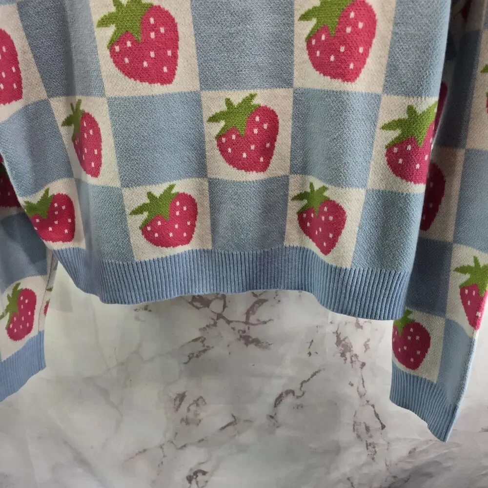 Luna Ivy Sweater Girls Medium Blue Pink Strawbery Checkered Crew T8665