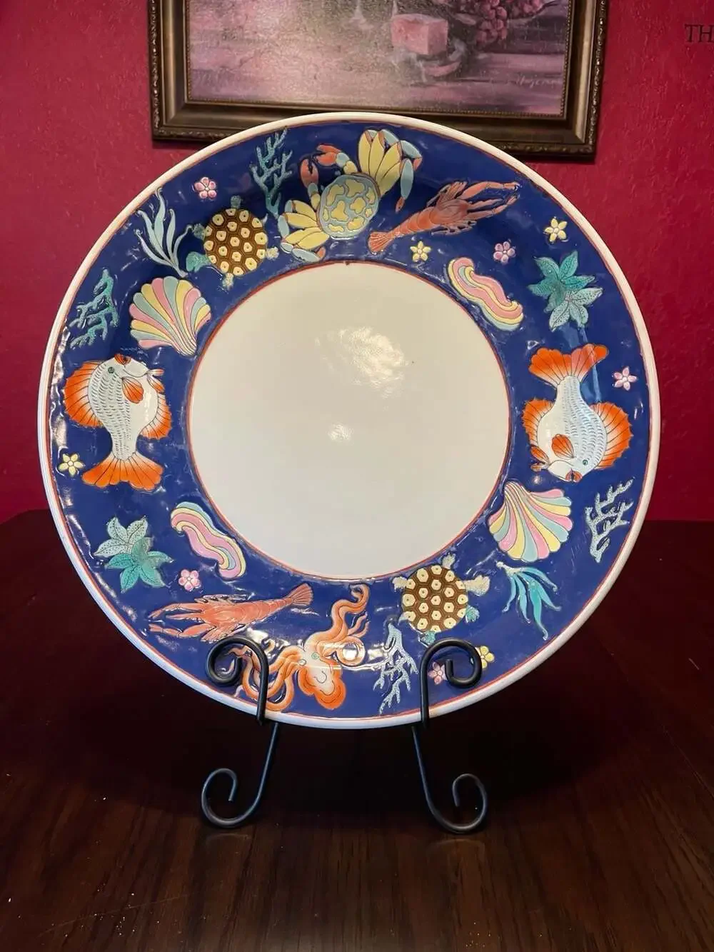 Chinese Porcelain Marine Life Charger Plate Octopus Crab Sea Turtle 14.5