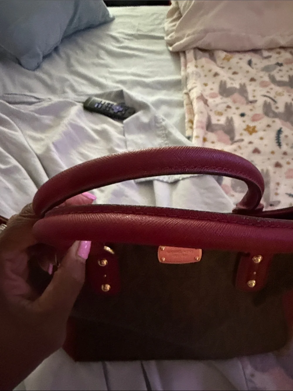 Michael Kors Brown Signature Tote with Red Leather Trim