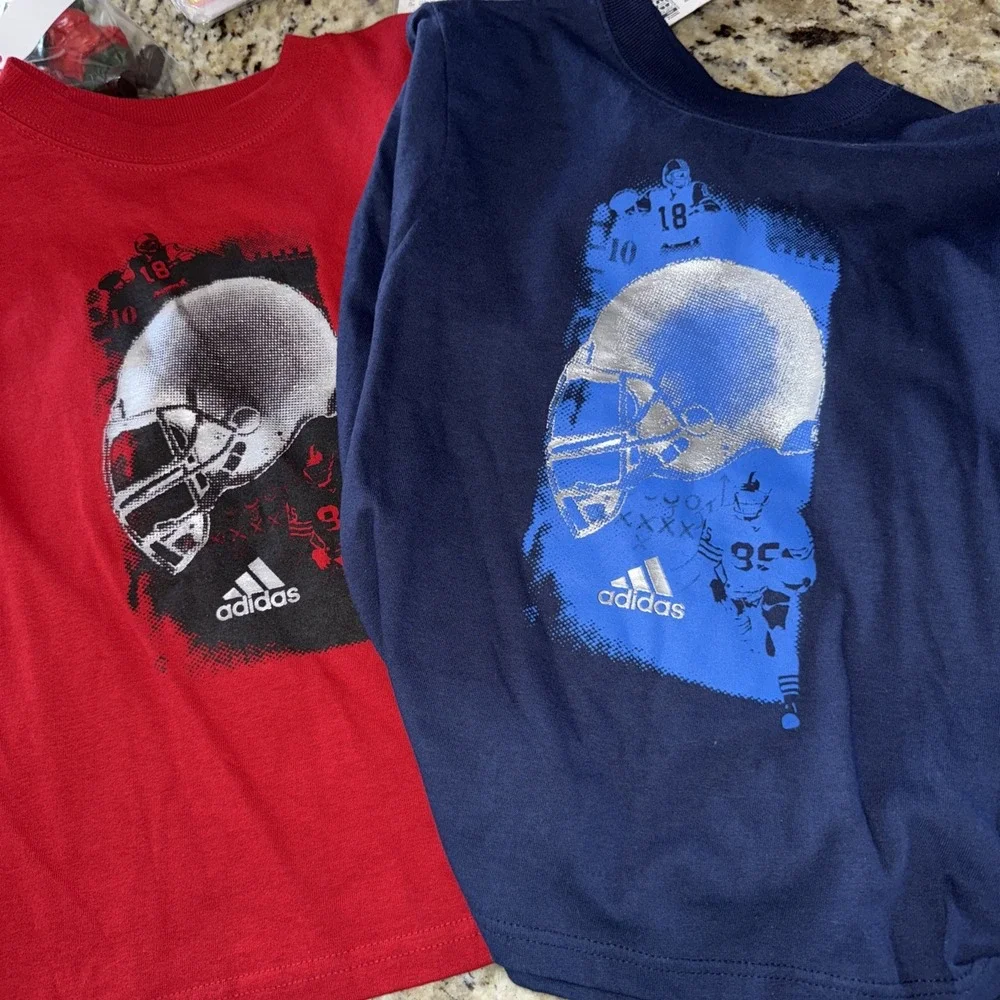 2 New Adidas Boys Size 5 Long Sleeve Royal And Red Football Shirts $20 Msrp 4425