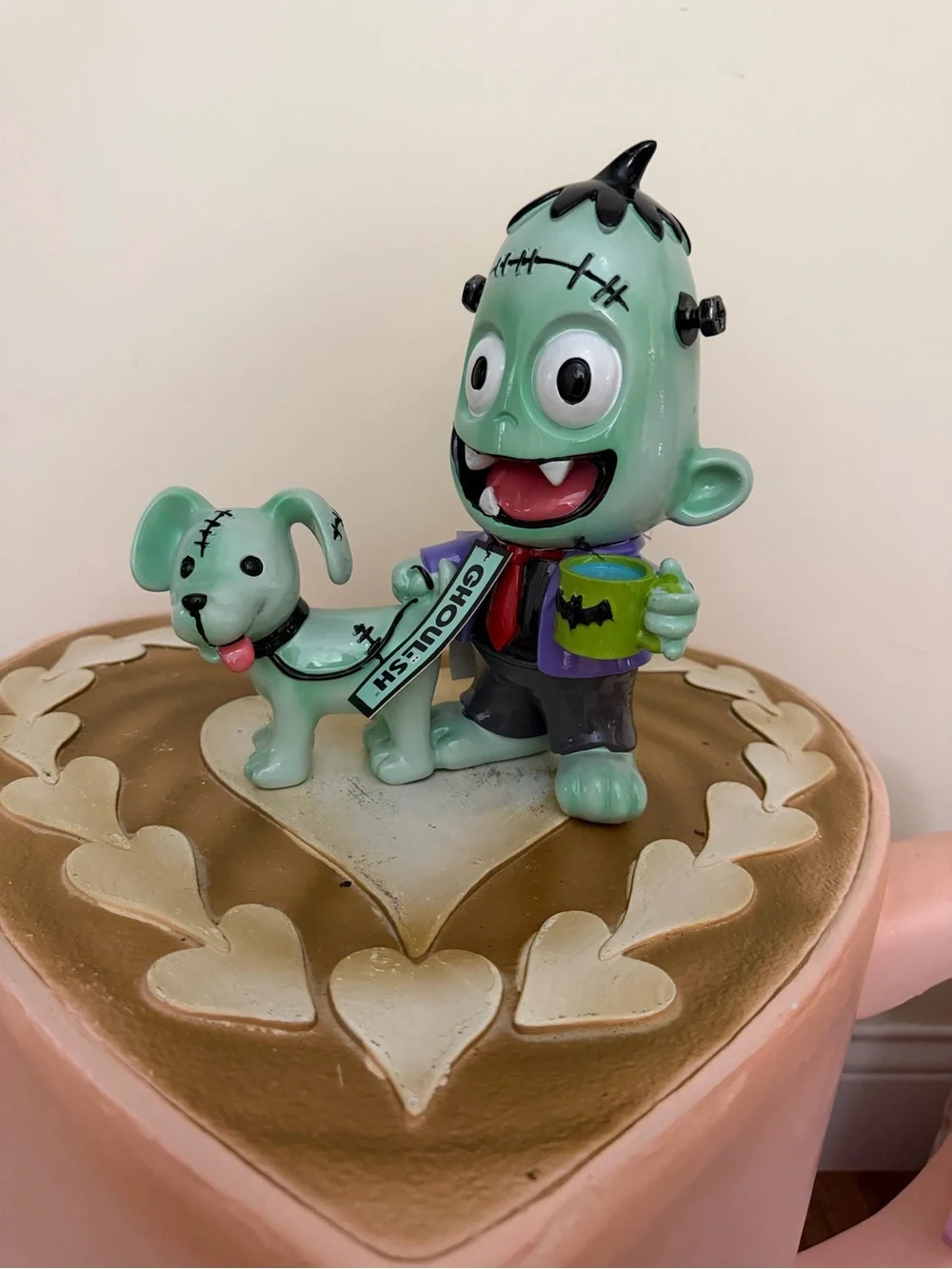Ghoulish Halloween Resin Green Frankenstein with Coffee Walking Green Dog