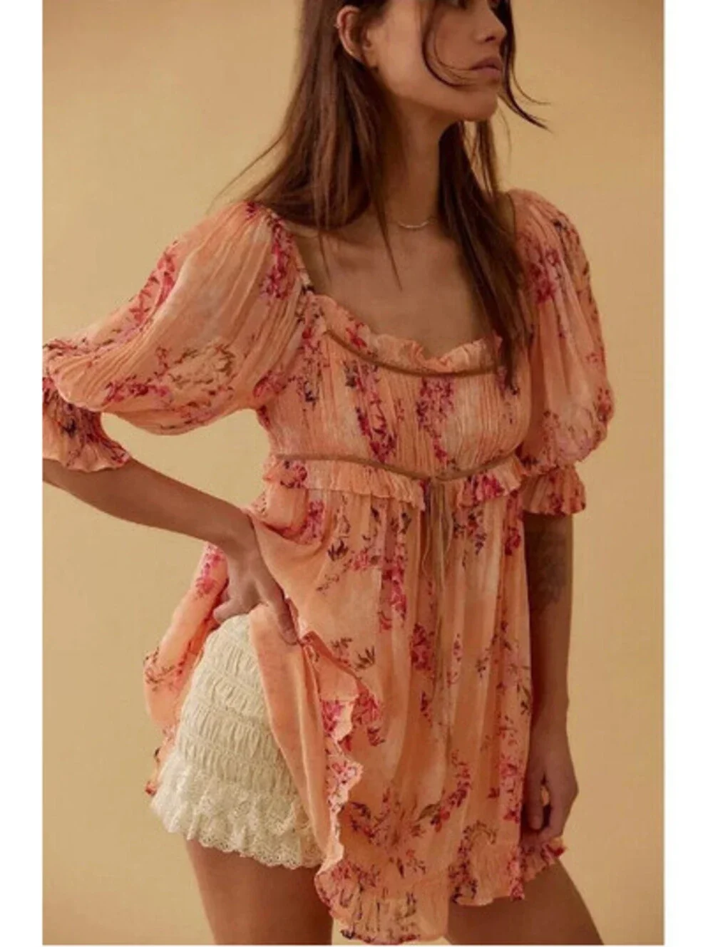 Free People Marney Mini Dress  peach pink Combo floral print size S  $148msrp