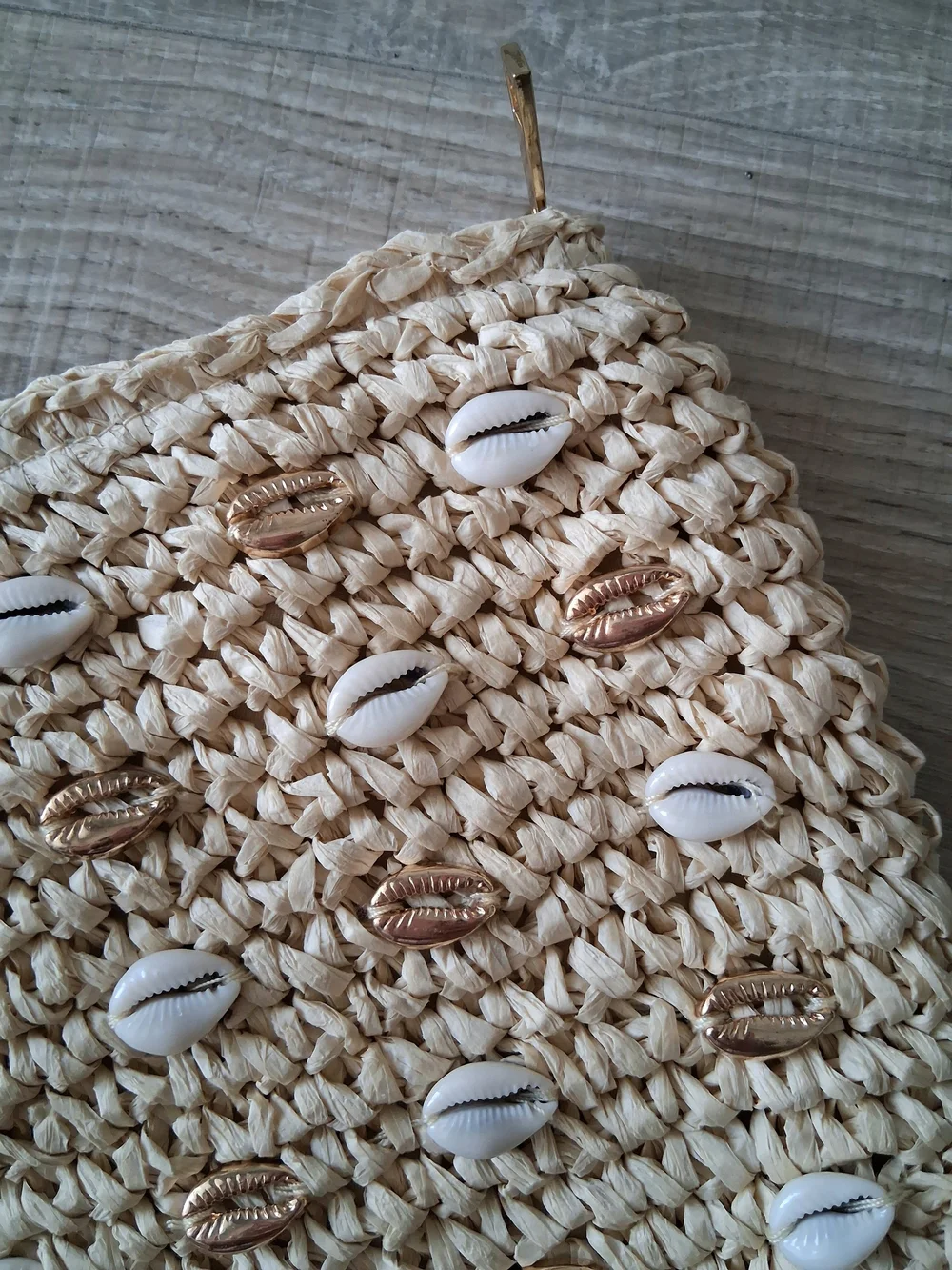 Woven Straw Cowrie Shell Embellished Clutch