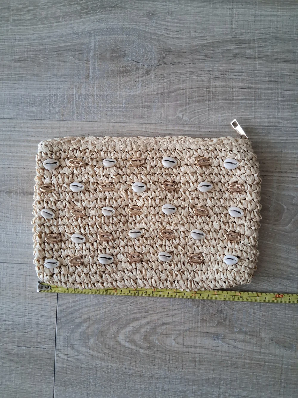 Woven Straw Cowrie Shell Embellished Clutch