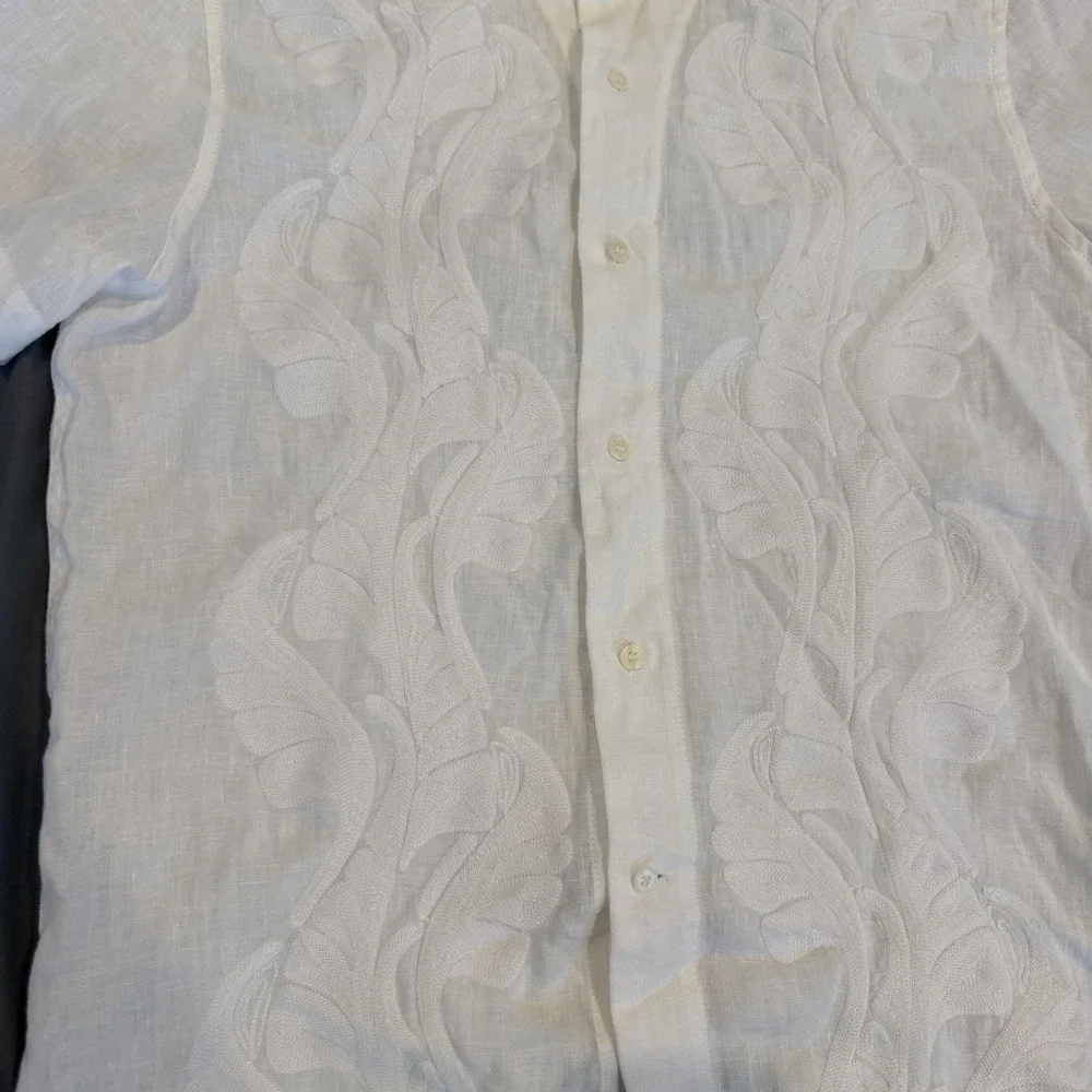 Banana Republic Linen Blend Embroidered Camp Collar Shirt White Medium