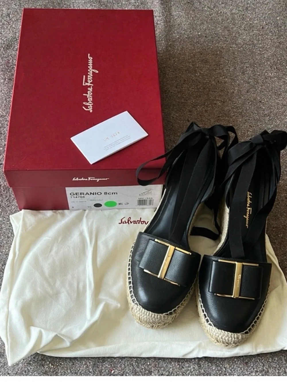 Salvatore Ferragamo Black Leather Geranio Espadrille Wedges with Ribbon Tie