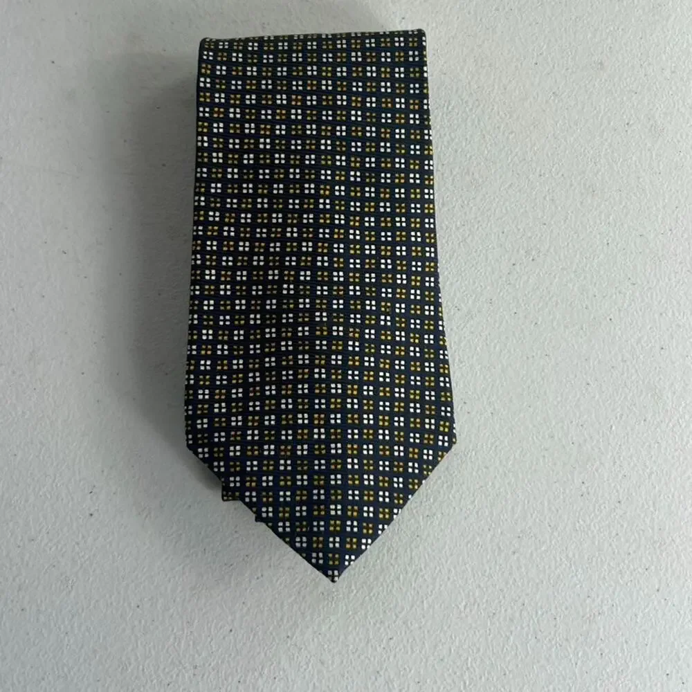 Lauren Ralph Lauren Men's Necktie Blue Yellow Geometric 100% Silk Hand Finished