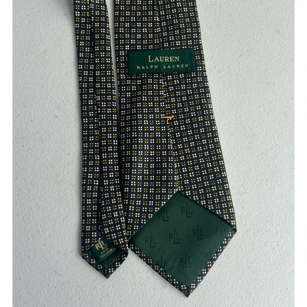Lauren Ralph Lauren Men's Necktie Blue Yellow Geometric 100% Silk Hand Finished