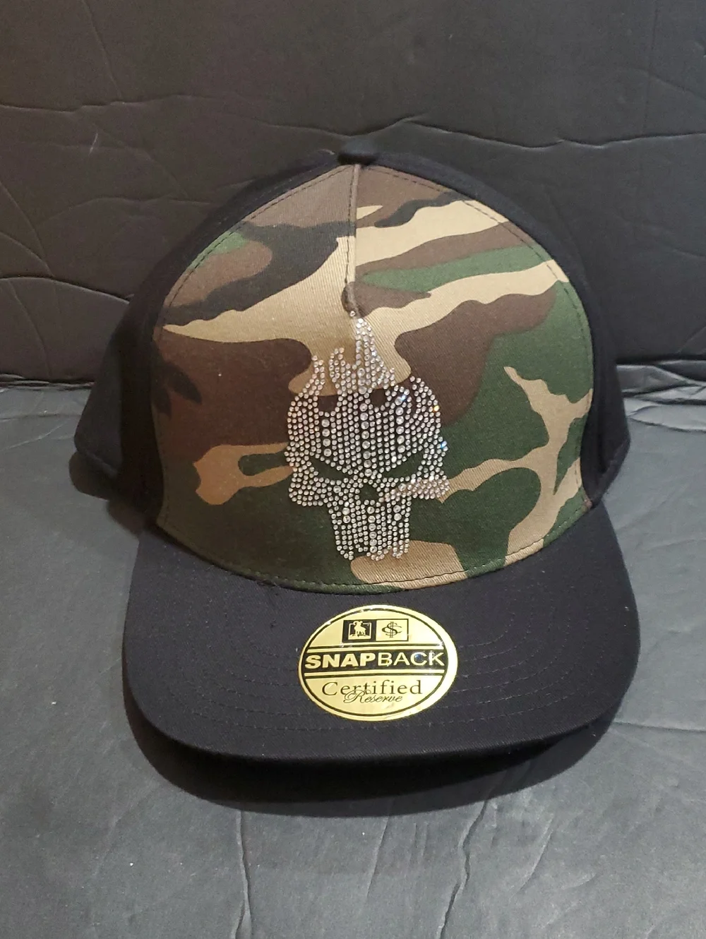 Black and green camo print crystal‎ rhinestone skull studded snapback cap new