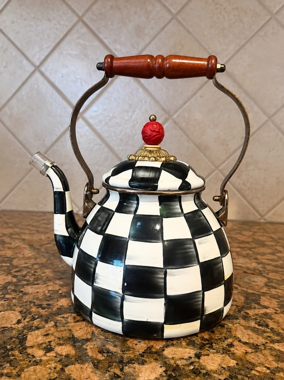 Mackenzie Childs Black & White Check Ceramic Teapot with Red Finial