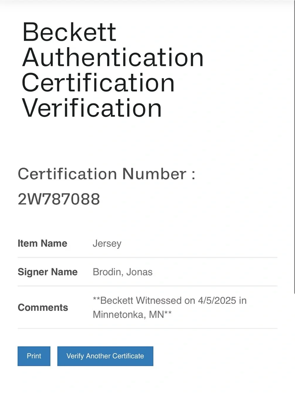 Jonas Brodin Autographed Pro-Style Alternate Jersey Minnesota Wild Beckett