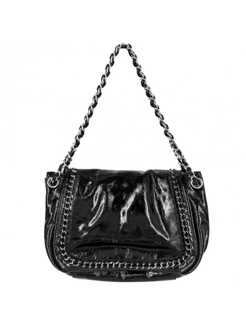 Chanel Shoulder Bag CC Logo Chain Bag Enamel Patent Leather Black Silver