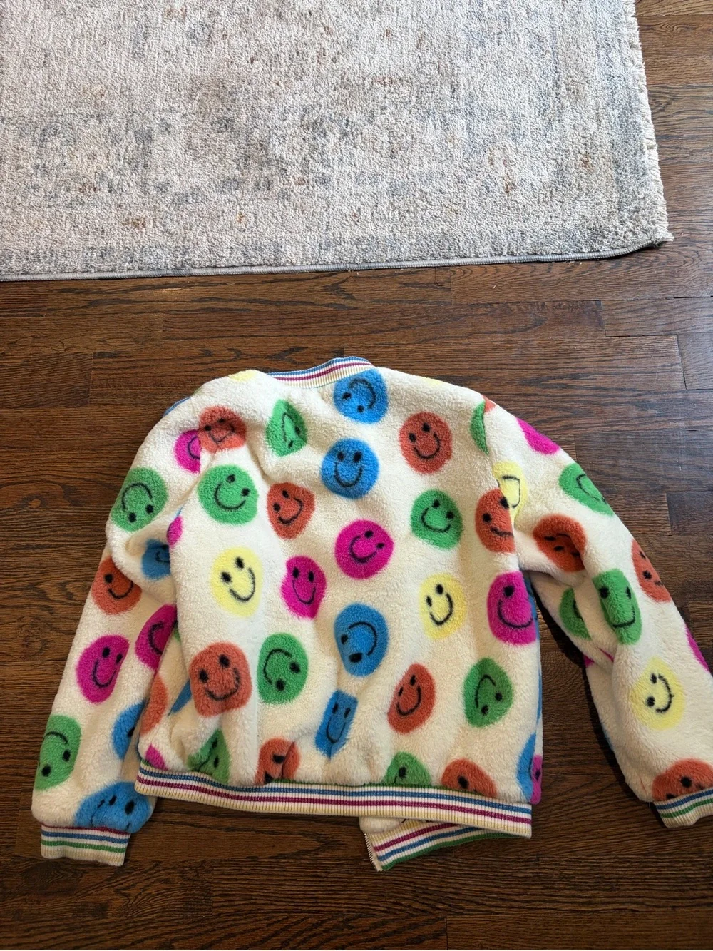 Lola + The Boys Cream Smiley Fleece Bomber Jacket with Multicolor Faces