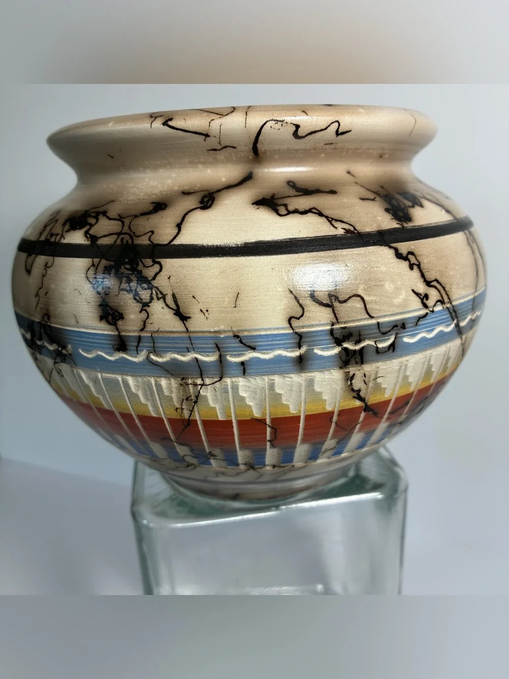 Native Navajo Etched Horse Hair Rainbow Pottery Vase Ernest John signed Sm.Chip!