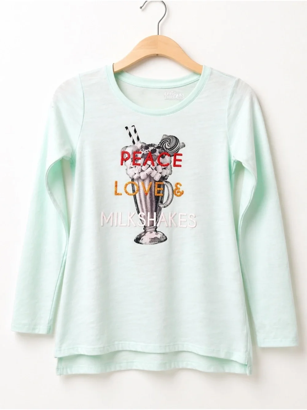 EPIC THREADS Girls Mint Green Tunic Tee Peace Love Milkshakes Long Sleeve Top M