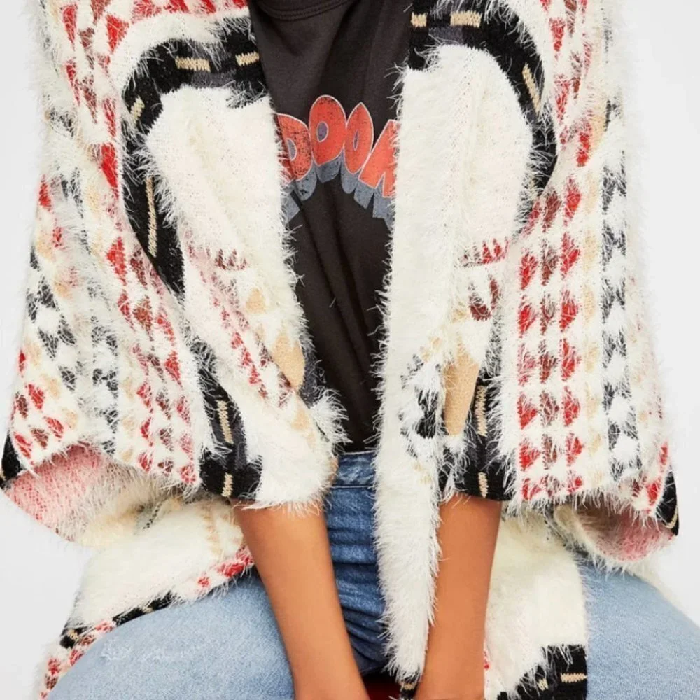 Free People fuzzy Canyonland Kimono with fringe Ivory Combo, One Size