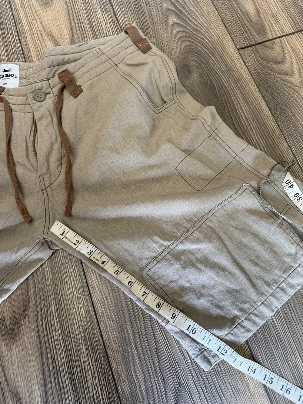NICO GENZE New York 100% Linen Avant Garde Cargo Shorts XL tan Artisanal”