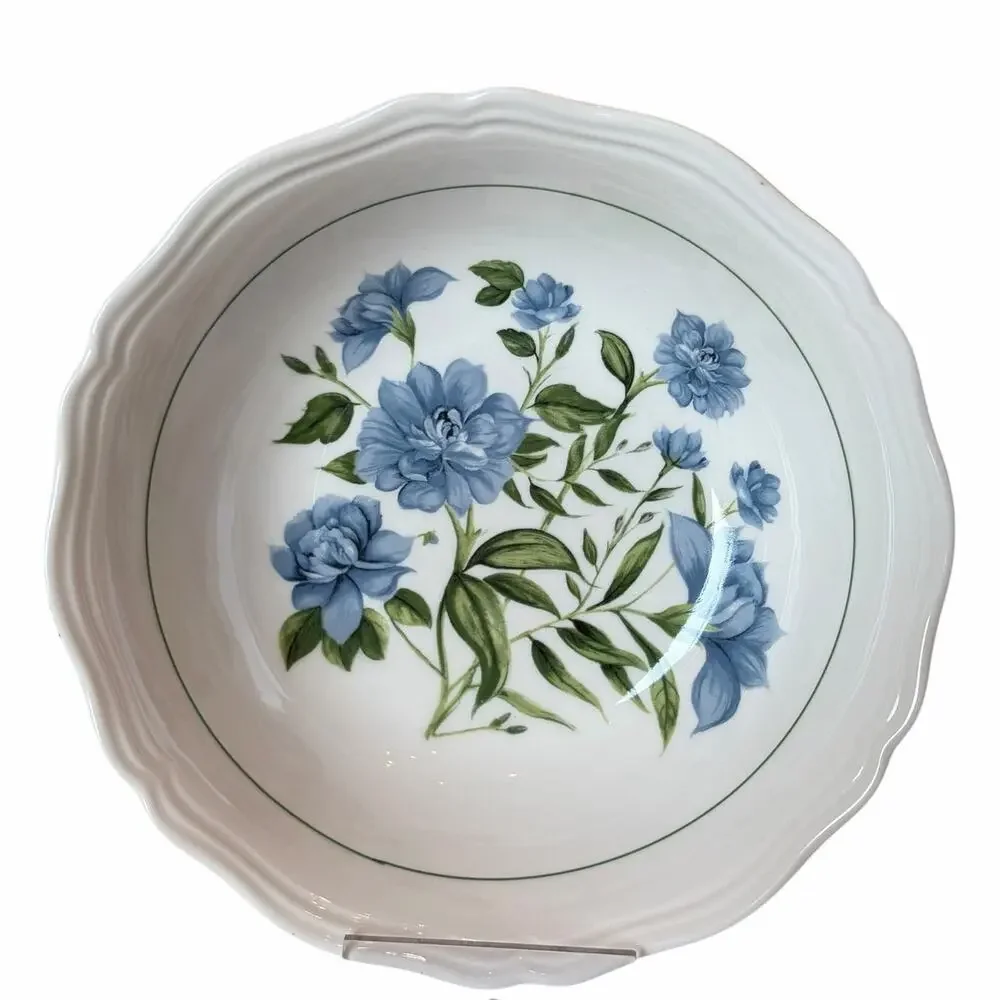 Envogue Blue Floral Salad Bowls 7in Porcelain Set of 4 Scalloped New