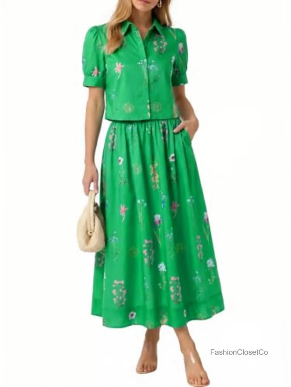 Women's 2 Piece Floral Skirt Set Puff Sleeve Blouse Elastic Waist Matching Set