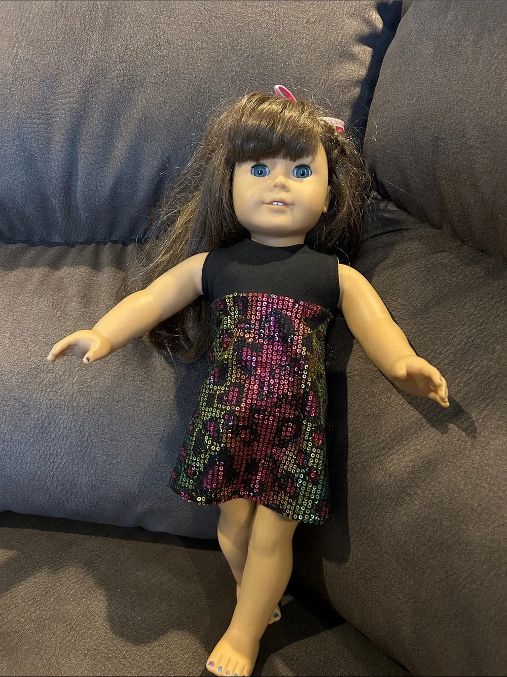 American Girl Doll with Brown Hair, Blue Eyes, Sequin Dress (Black, Multicolor)