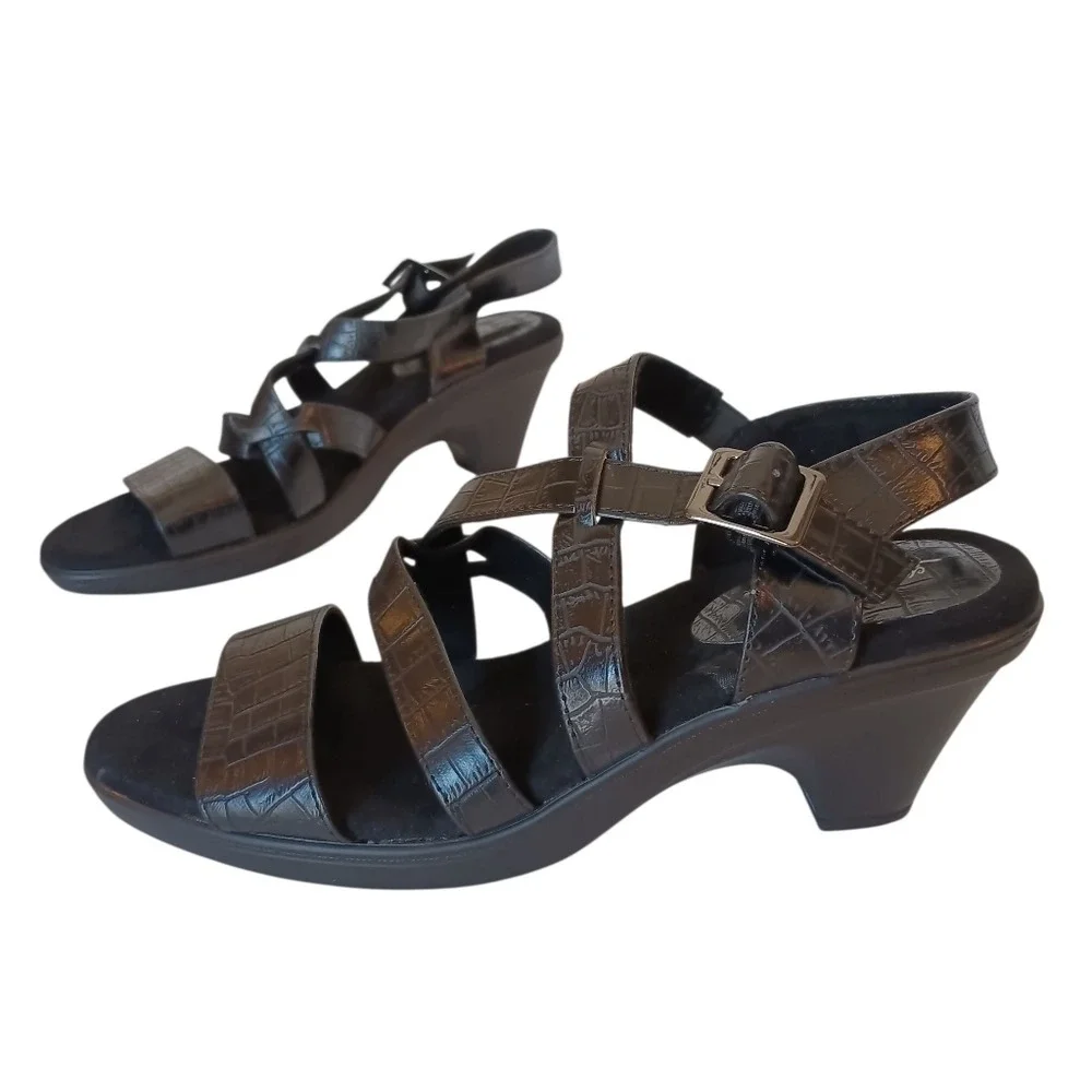 Easy Street Strappy Wedge Sandals Womens 9M Black Faux Croc Comfort 30-2441
