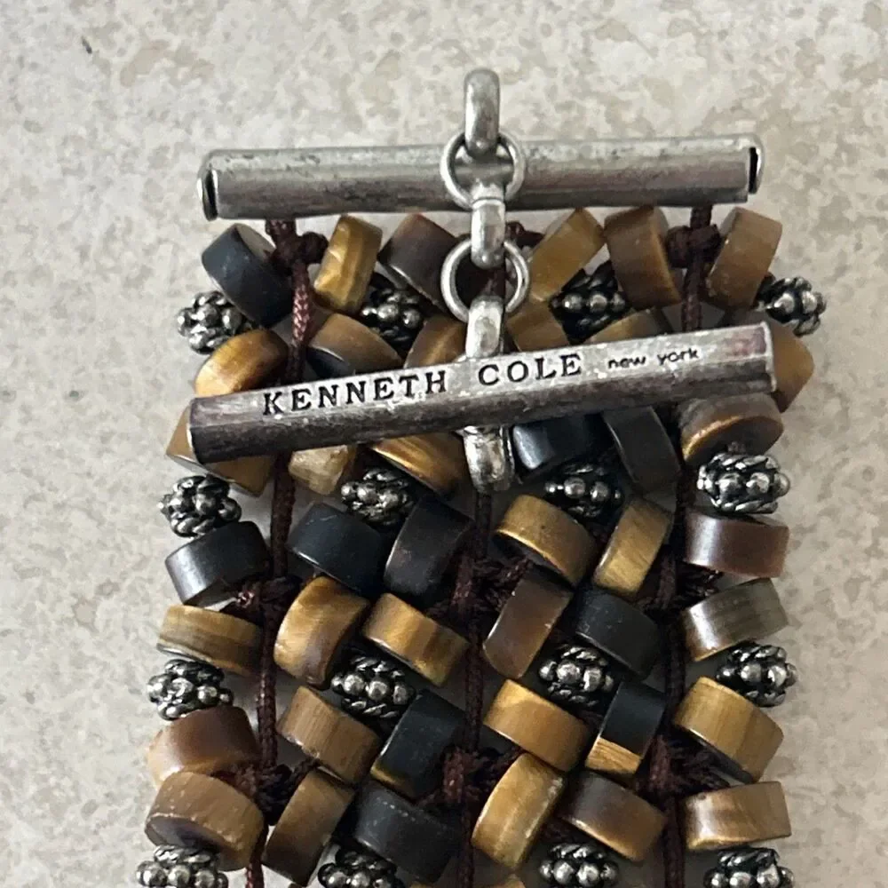 Kenneth Cole Wide Multistrand Brown Beaded Bracelet Signed with T Clasp