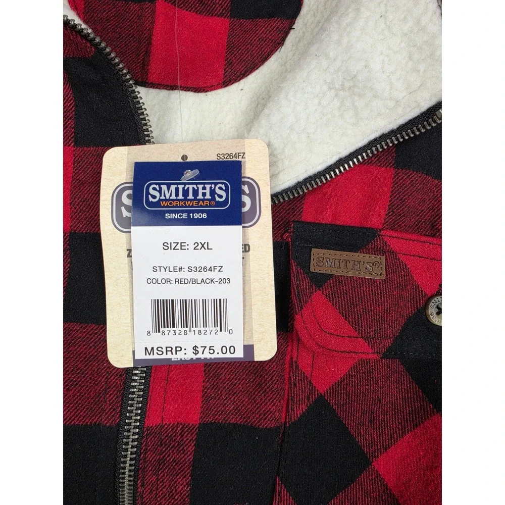 Smith's Workwear Shirt Jacket Mens 2XL Red Buffalo Plaid Sherpa Lined Full Zip